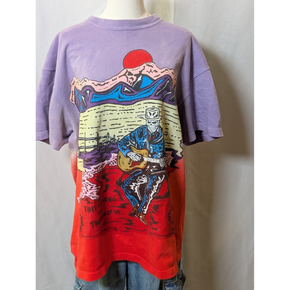 Warren Lotas Heavyweight Skeleton Cowboy Guitar Graphic T-Shirt Purple Red Large